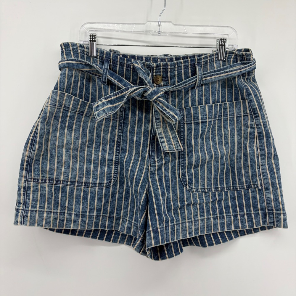 American Eagle Womens 16 Blue Striped Denim Paperbag Shorts Tie Waist Utility